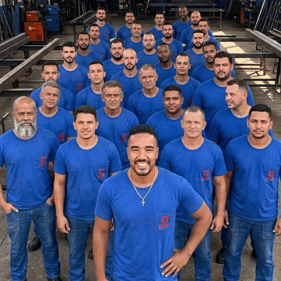 Equipe da KCS Serralheria e Estruturas Metálicas reunida na fábrica em Belo Horizonte